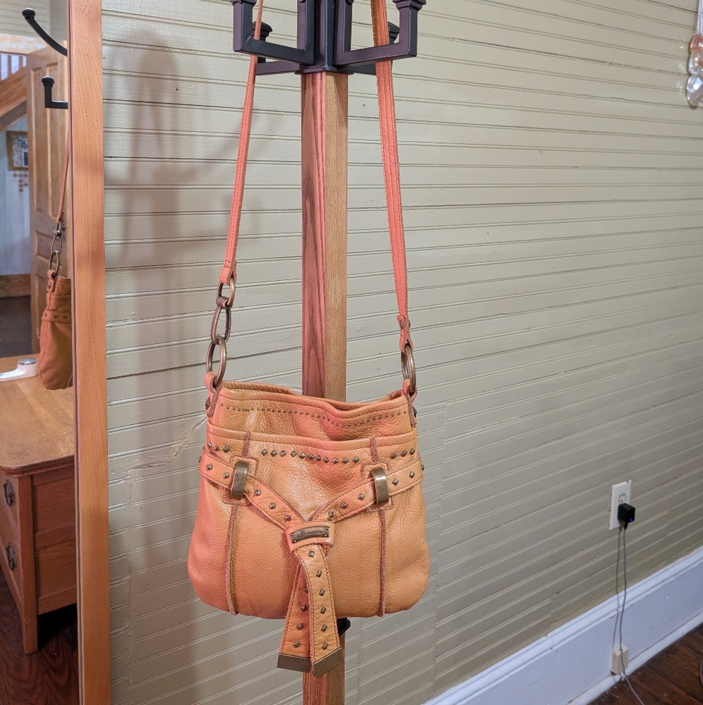 Dark Mustard Leather Shoulder Crossbody Bag Brass Accents Markowsky